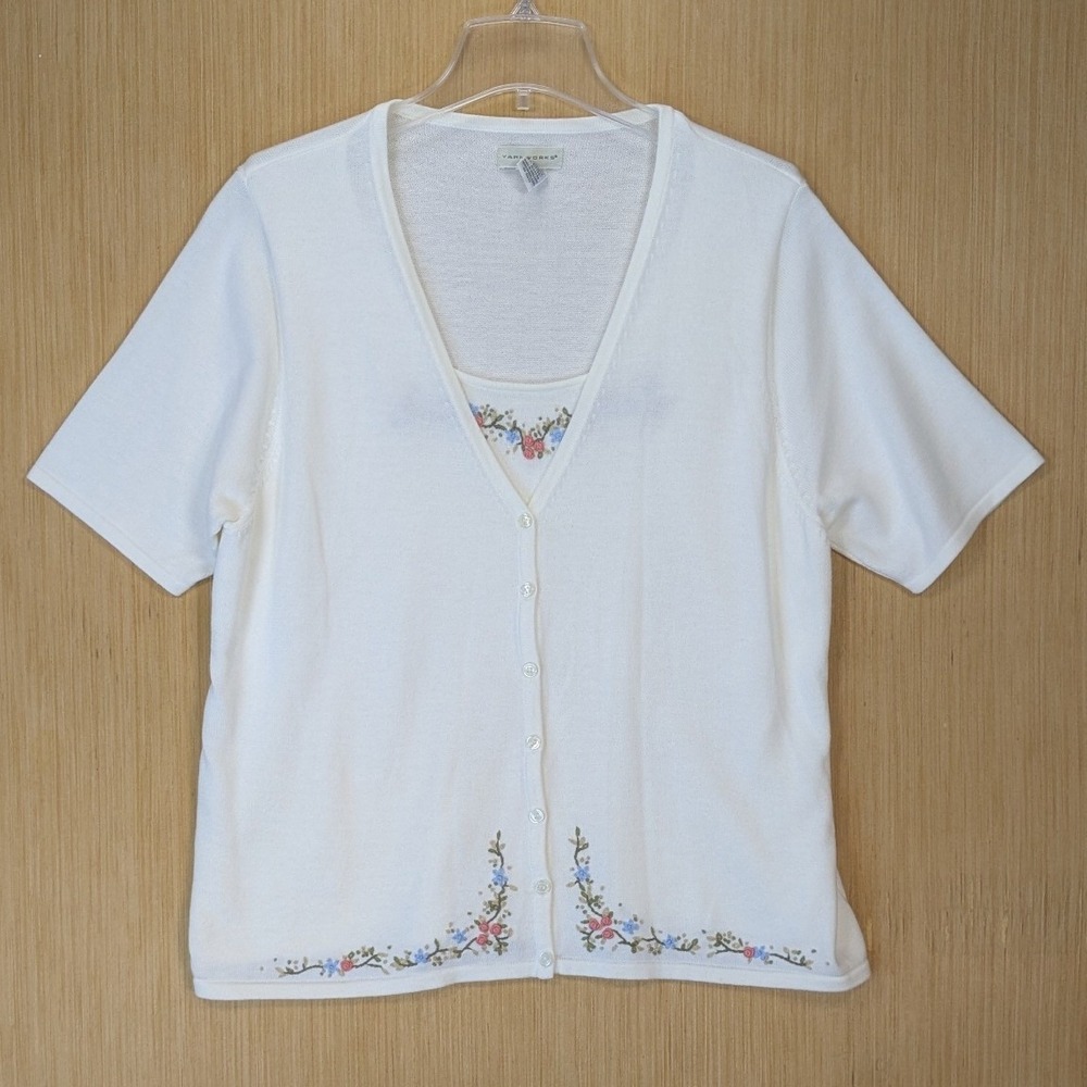 Yarnworks Cottage 90s White Floral Embroidered Cardigan Twin‎ Set Tank Top XL